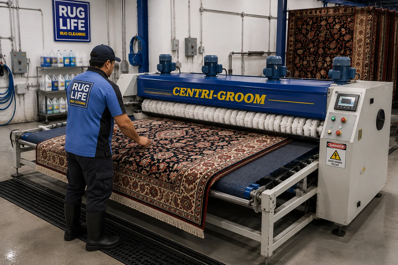 Oriental rug being groomed through the Centri-Groom roller machine