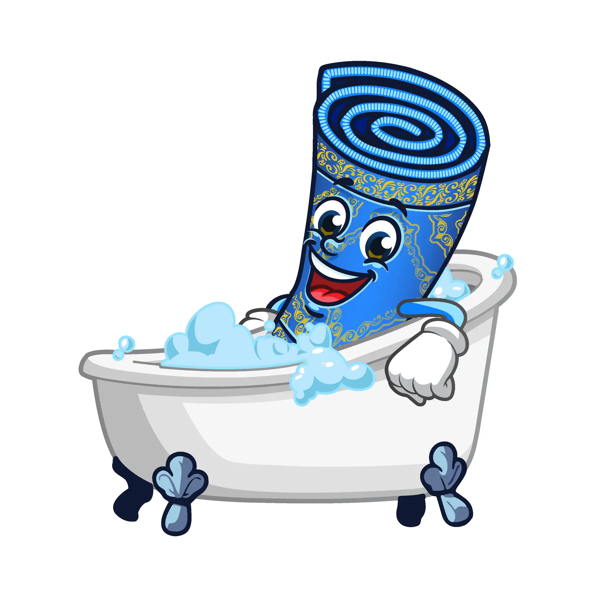 Rug Life mascot relaxing in a bathtub full of bubbles — deep cleaning