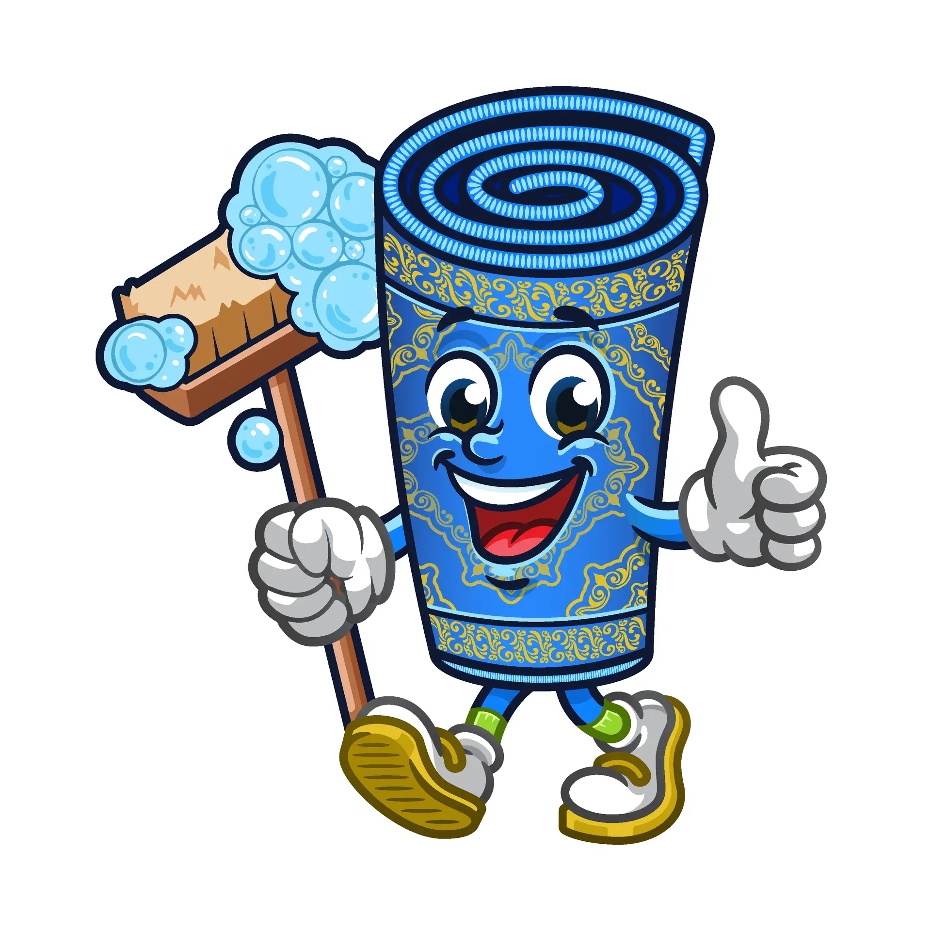 Rug Life mascot washing a rug with a scrub brush