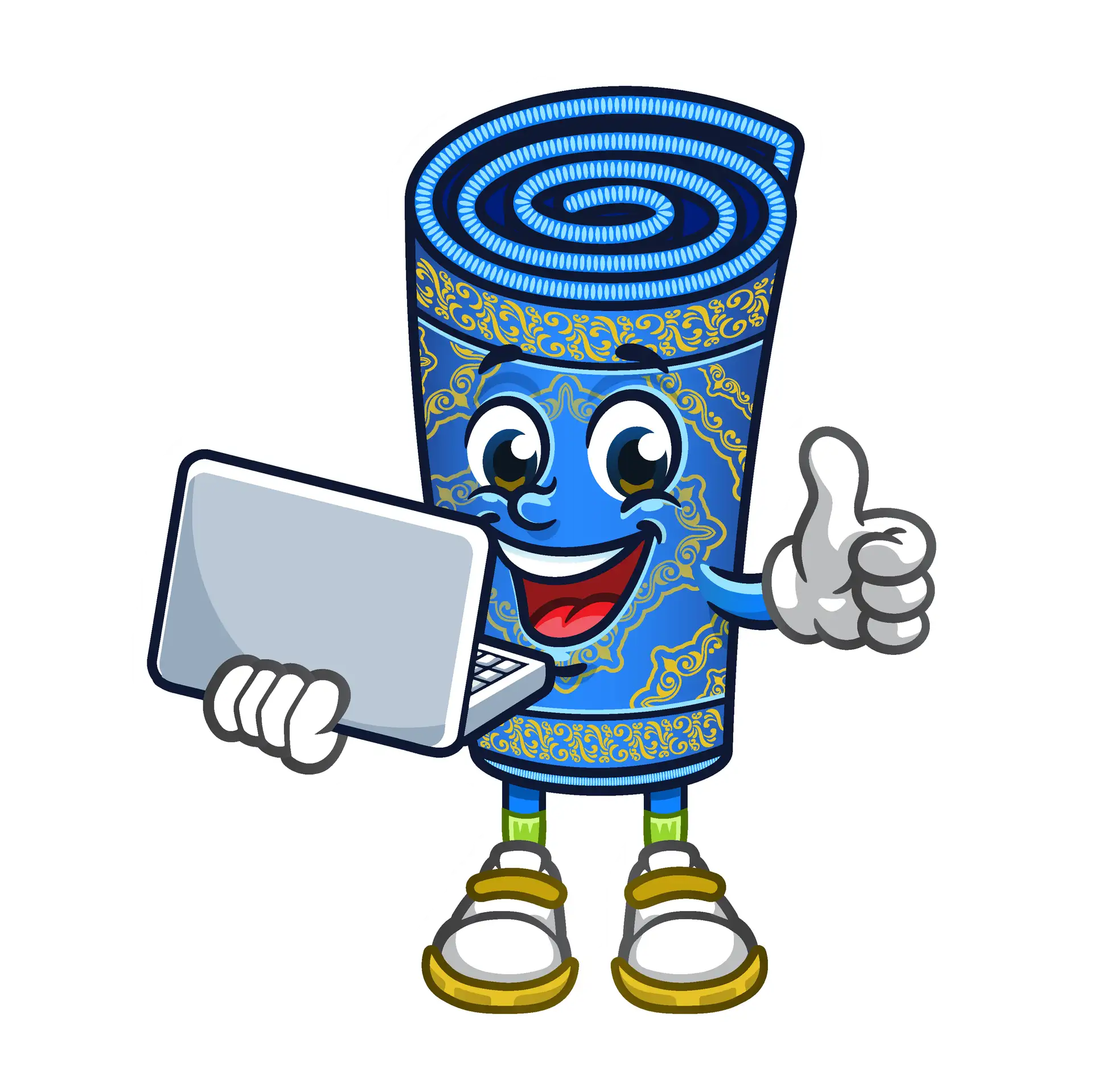 Rug Life mascot holding a laptop — online booking