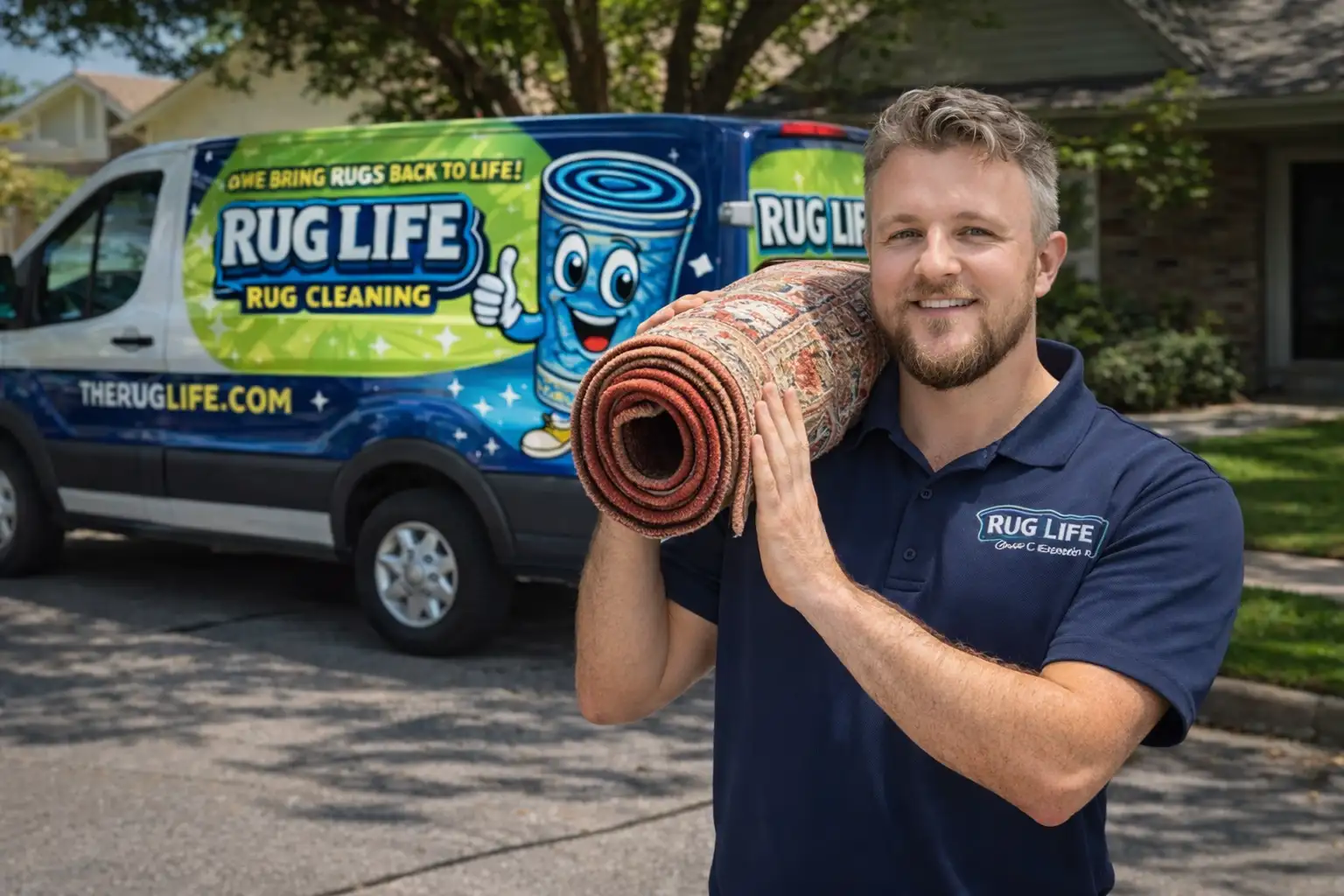 Rug Life owner carrying a rolled rug in front of the branded van