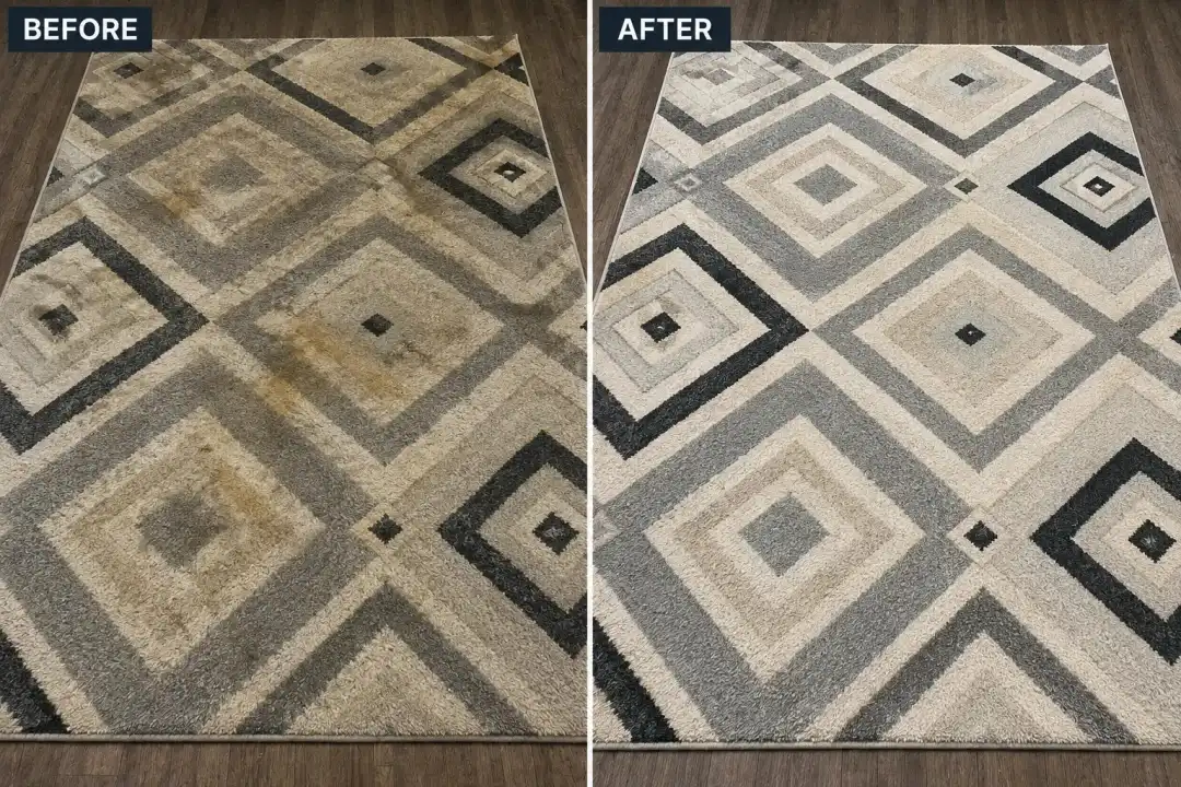 Before and after: synthetic geometric area rug pet stain removal in Buffalo NY
