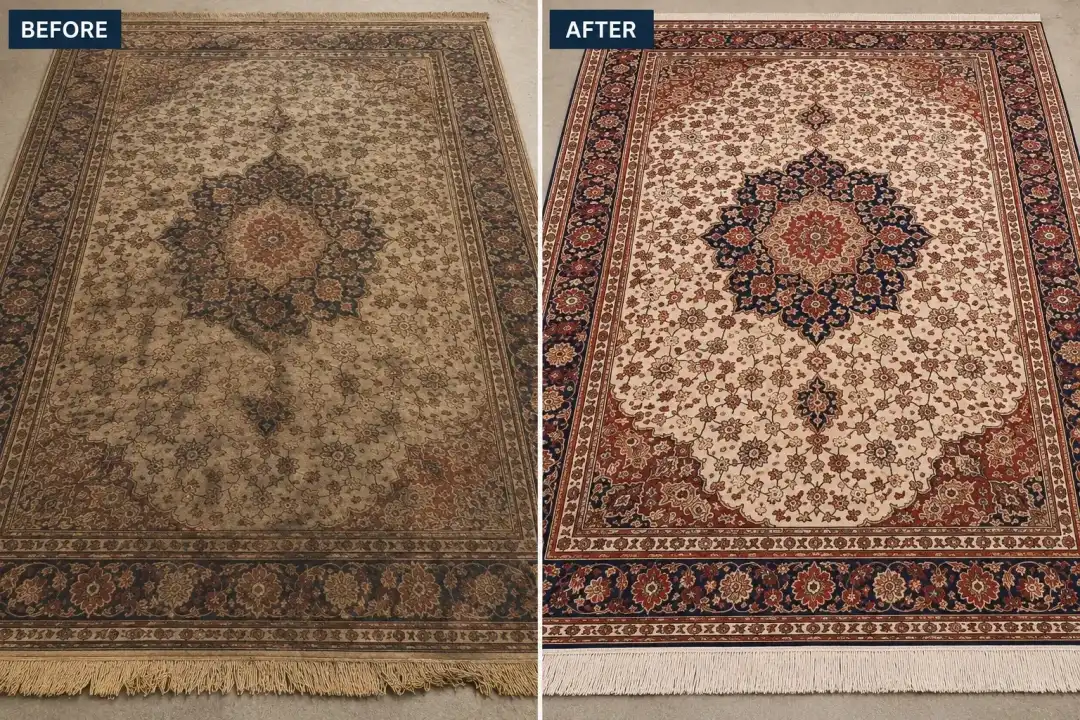 Before and after: Persian Tabriz rug cleaning showing restored medallion colors and bright fringe