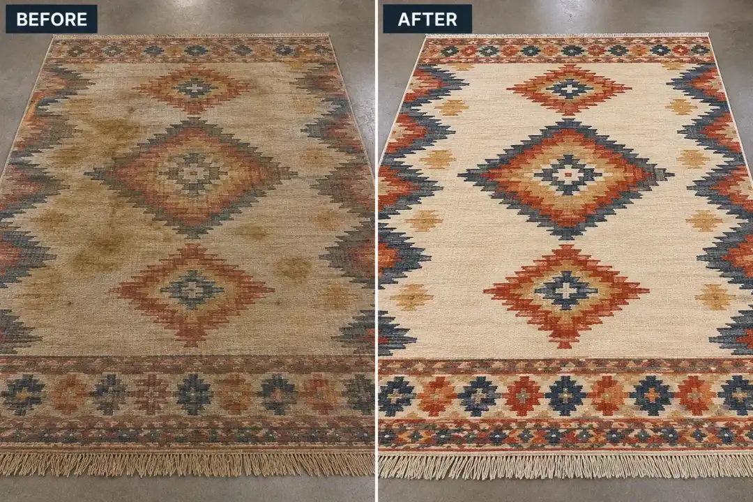 Before and after: wool flatweave rug with heavy soil showing restored vibrant tribal pattern