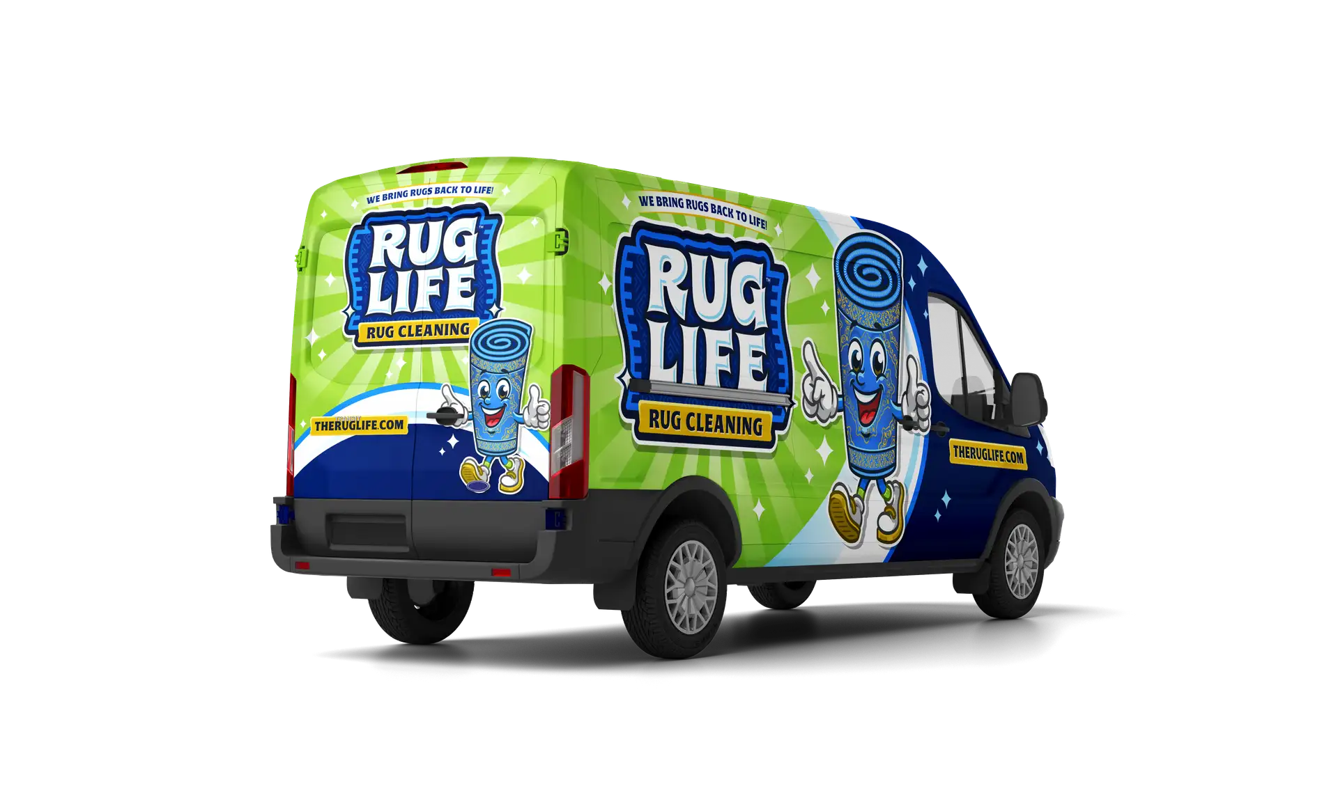 Rug Life Ford Transit 250 van &mdash; rear and passenger side view