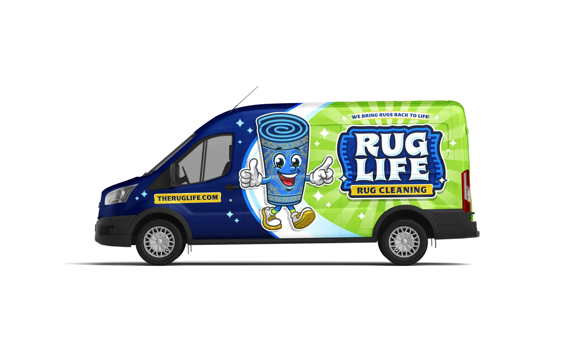 The Rug Life branded Ford Transit van — pick-up and delivery service